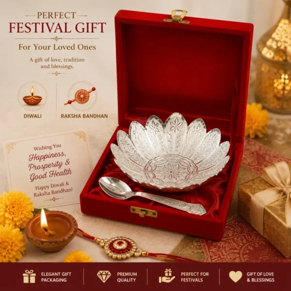 Luxury silver flower bowl gift set with spoon in red box for Diwali and Raksha Bandhan gifting.