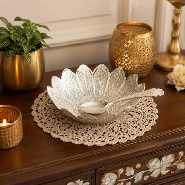 Elegant silver flower bowl with spoon placed on a luxury wooden table for home décor styling.
