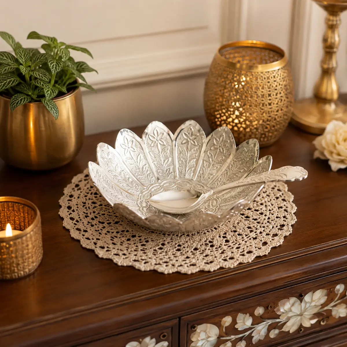 Elegant silver flower bowl with spoon placed on a luxury wooden table for home décor styling.