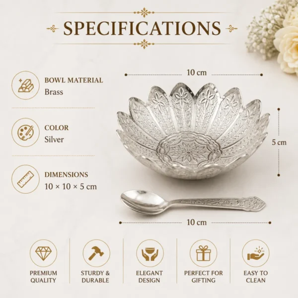 Specifications image of silver flower bowl set showing brass material, silver color, and dimensions