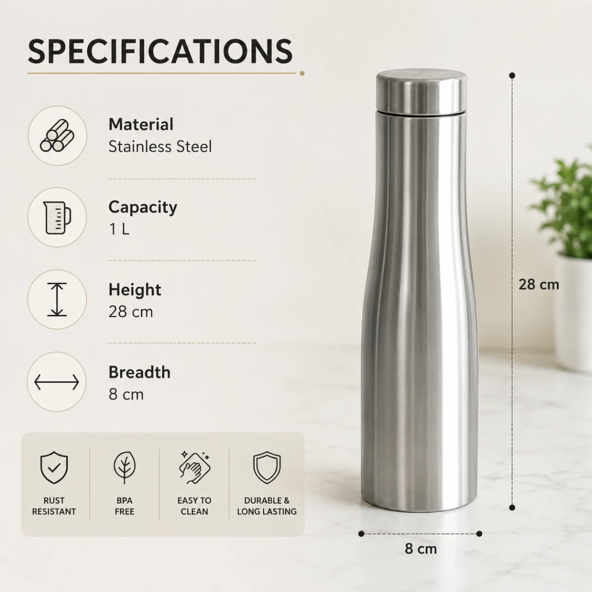Specification infographic of stainless steel water bottle showing capacity, material, height, and breadth.
