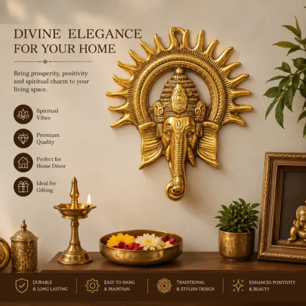 Golden Surya Ganesh wall hanging metal décor mounted on a stylish living room wall.