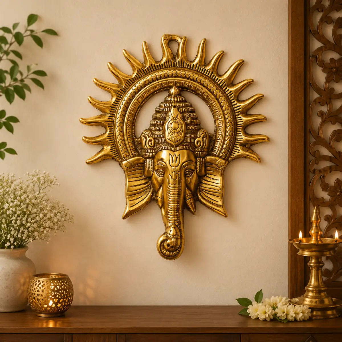 Premium golden Surya Ganesh metal wall hanging for office and workspace decoration.