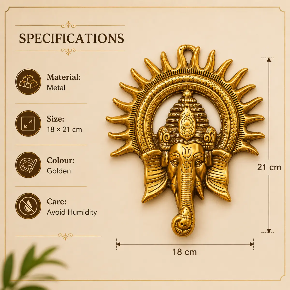 Specifications image of golden Surya Ganesh wall hanging showing material, size, colour, and care instructions.