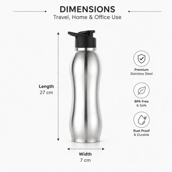TINUMS 304 stainless steel water bottle dimensions showing 27 cm length and 7 cm width infographic