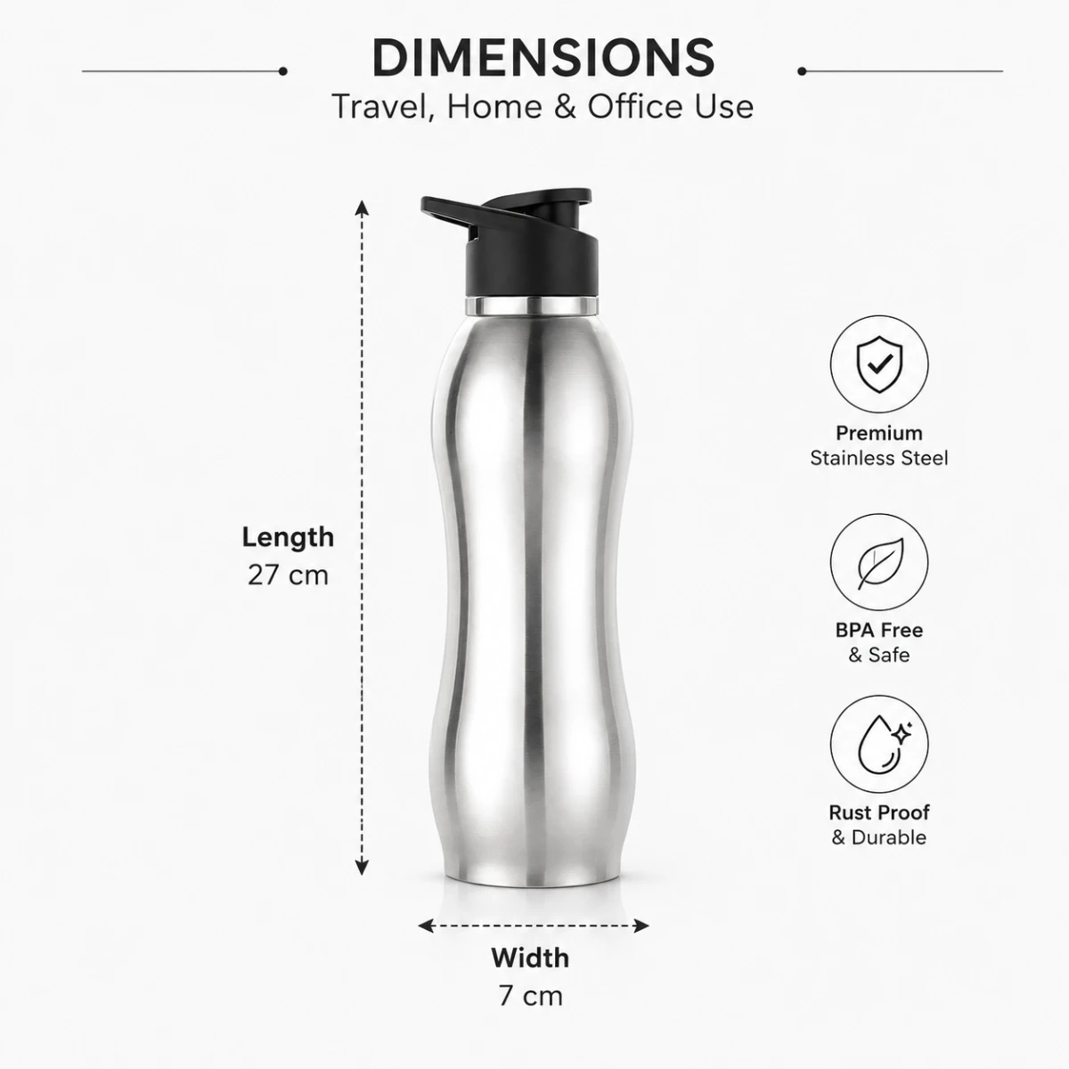TINUMS 304 stainless steel water bottle dimensions showing 27 cm length and 7 cm width infographic