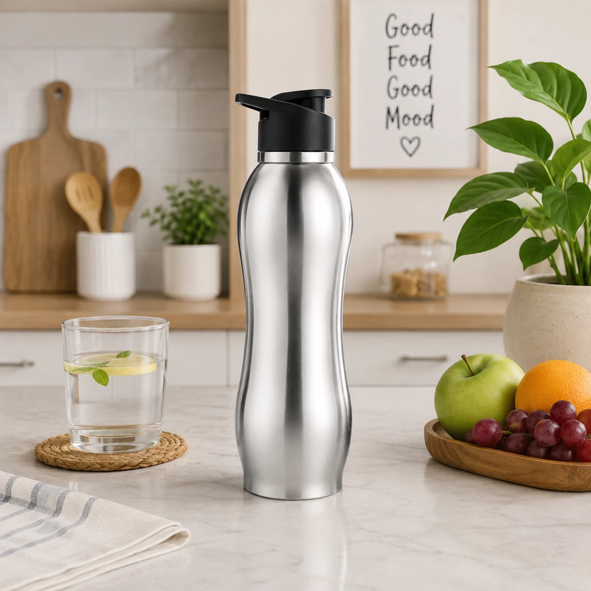 TINUMS 304 stainless steel water bottle placed in modern kitchen for daily home use