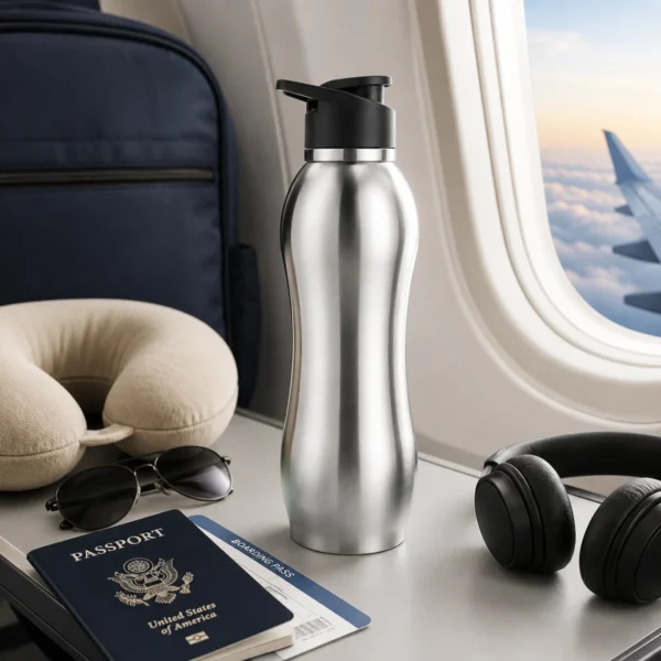 TINUMS 304 stainless steel water bottle for travel use inside airplane cabin with travel accessories