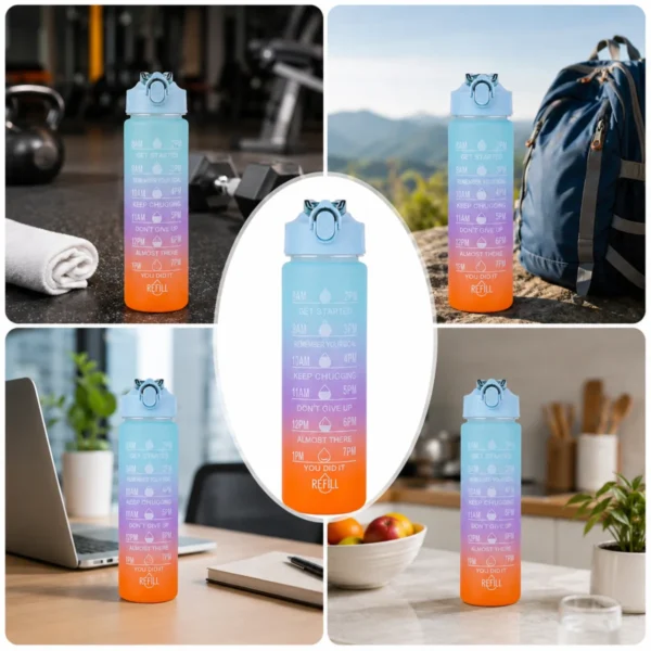 TINUMS gradient motivational water bottle collage image showing gym outdoor office and home use