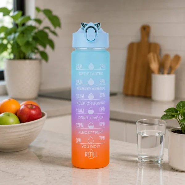 TINUMS gradient motivational water bottle in modern kitchen setup for daily home hydration use