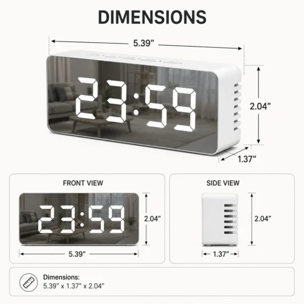 TINUMS Mirror Alarm Clock dimensions 5.39 x 1.37 x 2.04 inches