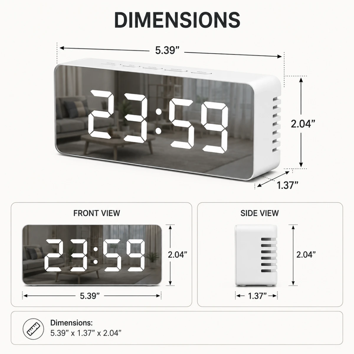 TINUMS Mirror Alarm Clock dimensions 5.39 x 1.37 x 2.04 inches