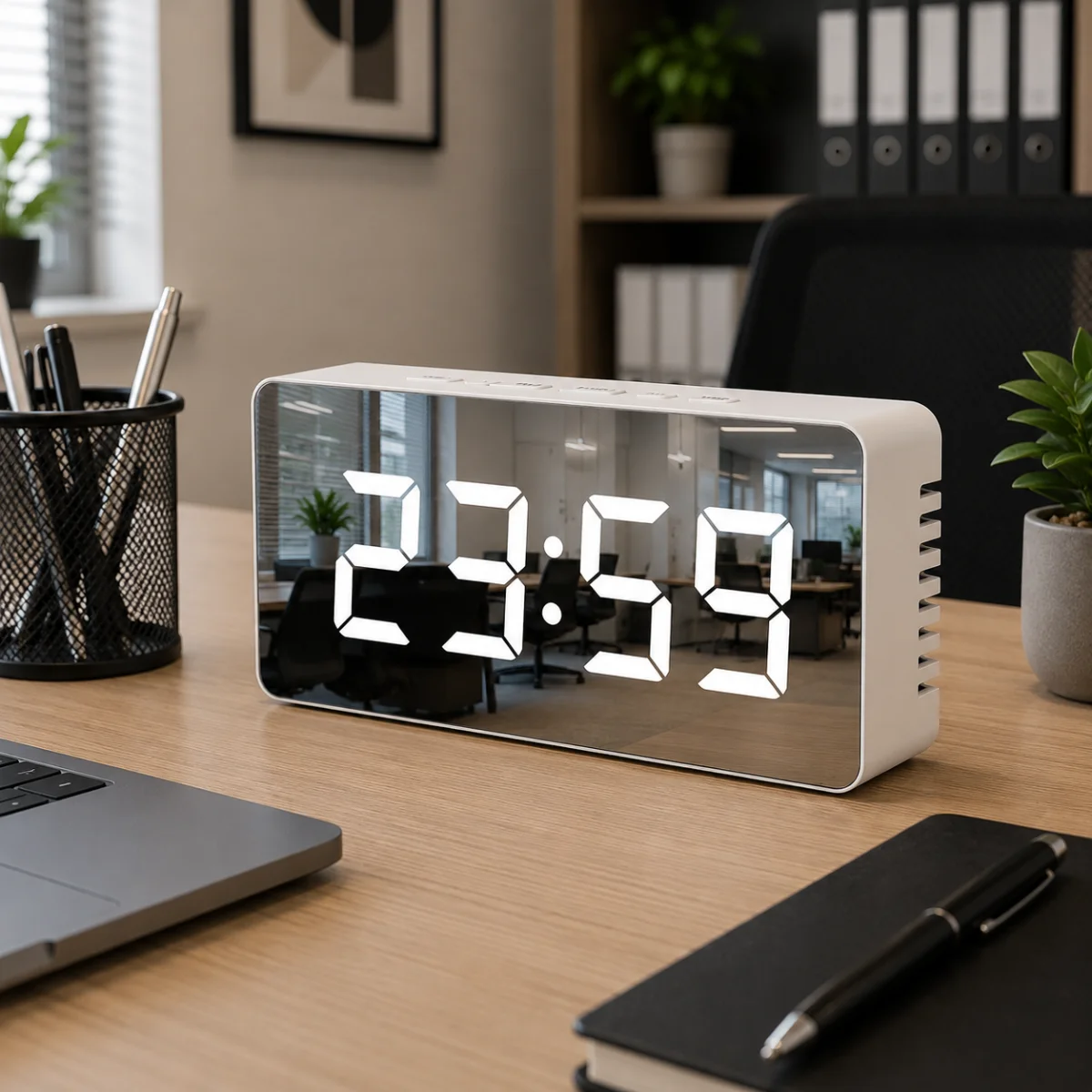 TINUMS white mirror LED alarm clock for office desk setup