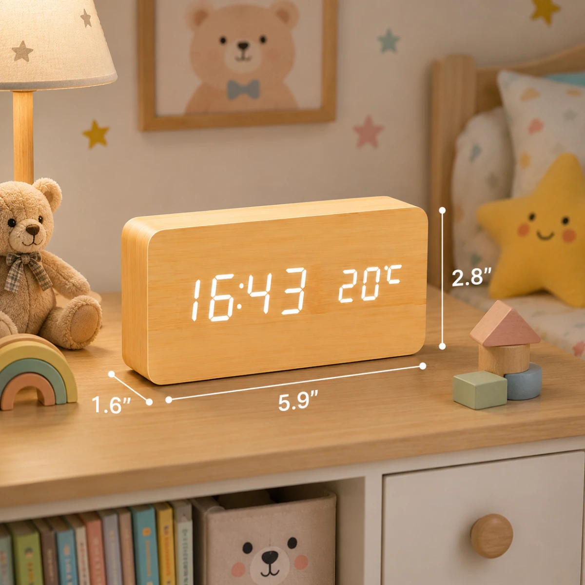 TINUMS wooden LED table clock dimensions 5.9 x 1.6 x 2.8 inches
