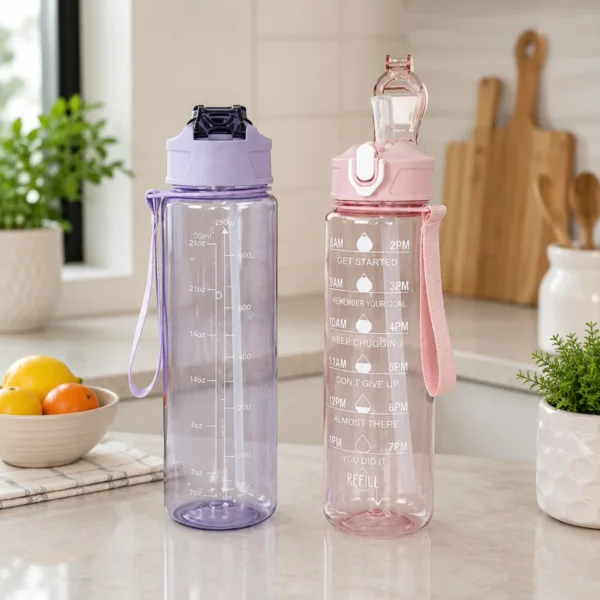 Transparent motivational water bottles placed in modern kitchen for daily home hydration use