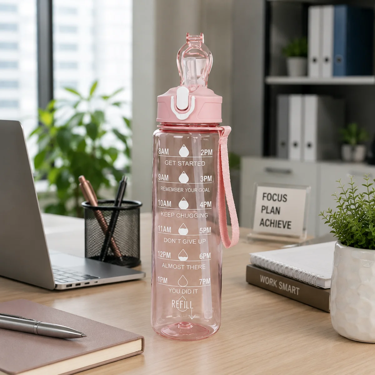 Transparent motivational water bottle on modern office desk with laptop and stationery setup
