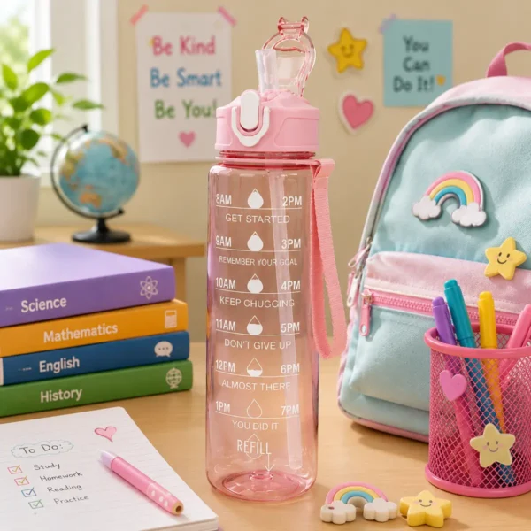 Transparent motivational water bottle for school kids with backpack books and classroom study setup