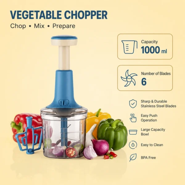Advanced vegetable chopper with 1000ml capacity and six sharp stainless steel blades.
