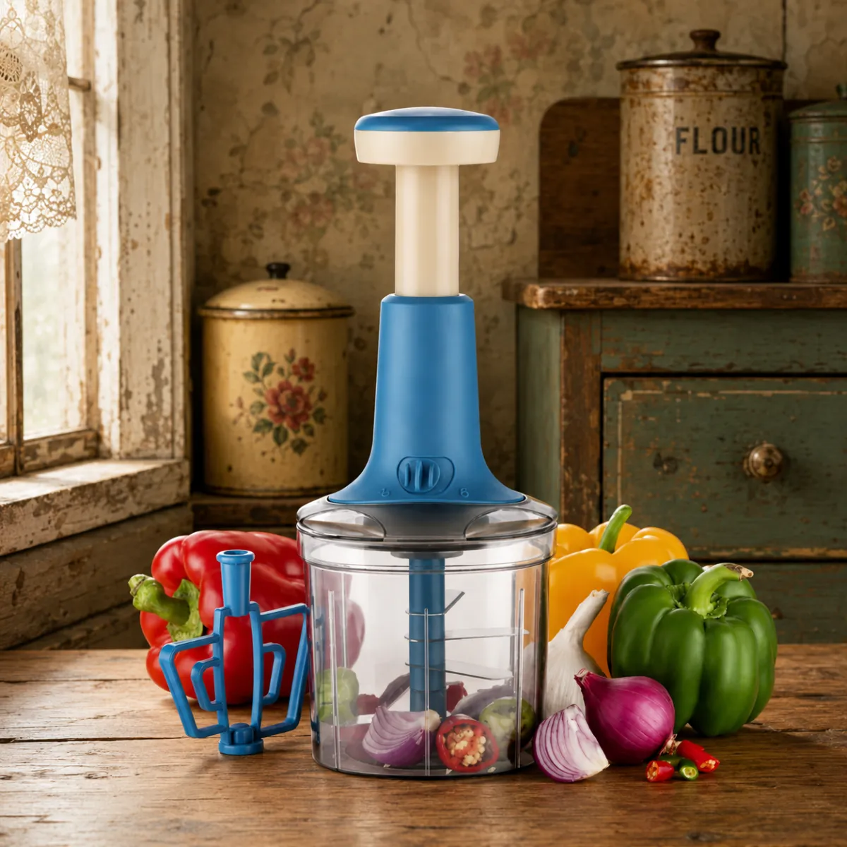 Premium manual vegetable chopper with stainless steel blades and colorful vegetables in rustic kitchen.