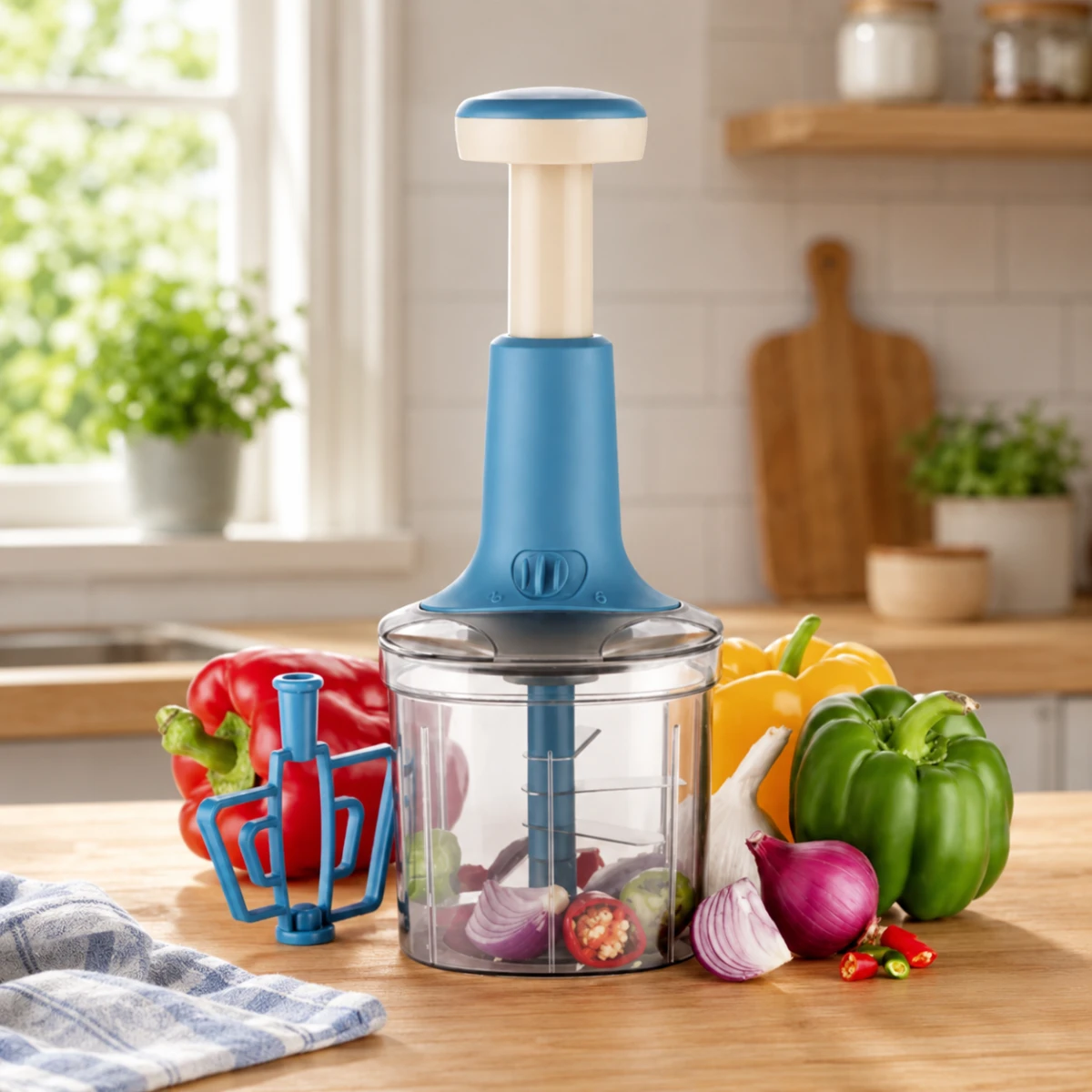 High-quality manual food chopper with vegetables on modern kitchen countertop background.