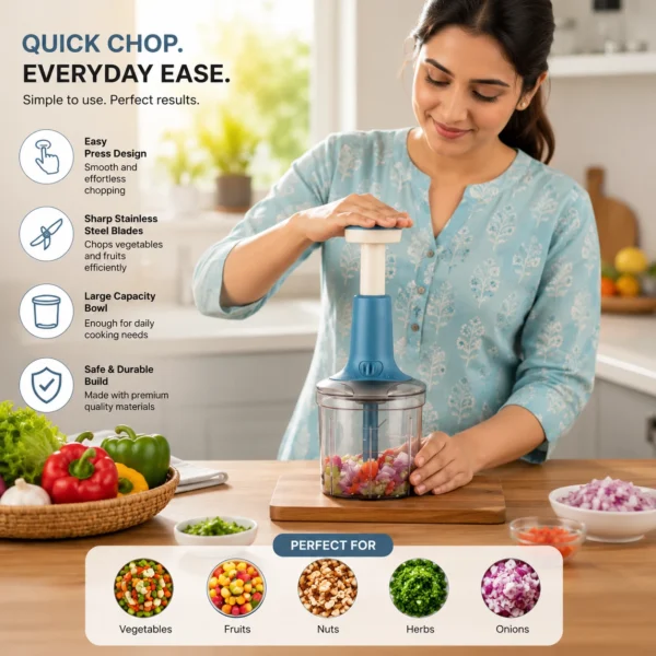 Convenient manual vegetable chopper being used by woman for quick food preparation.