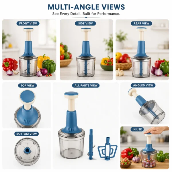 Best vegetable chopper multi-angle views showing parts, blades, and usage details.