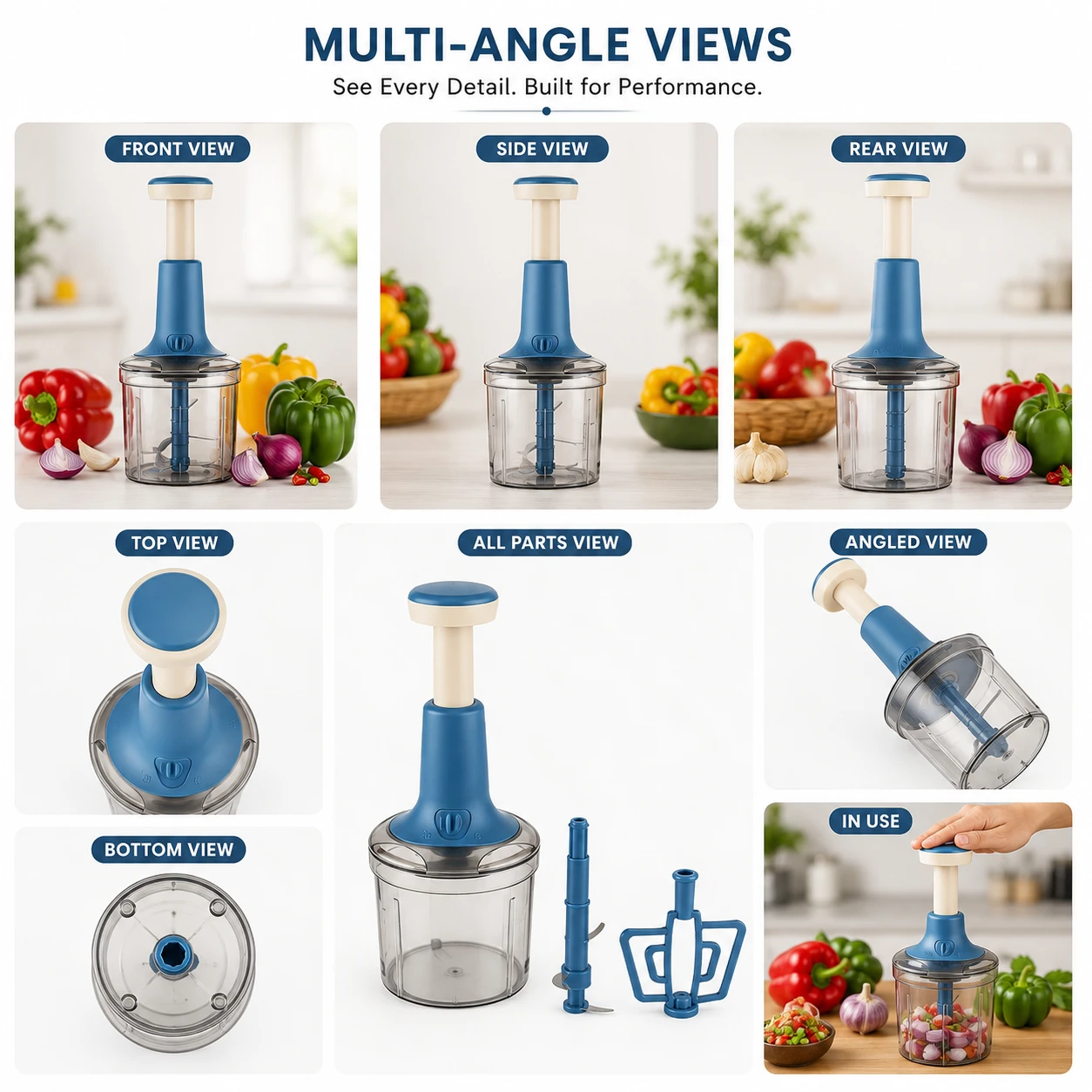 Best vegetable chopper multi-angle views showing parts, blades, and usage details.