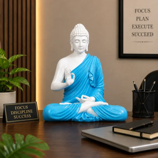 Modern white and blue Buddha statue placed on an office desk for peaceful workspace decoration.