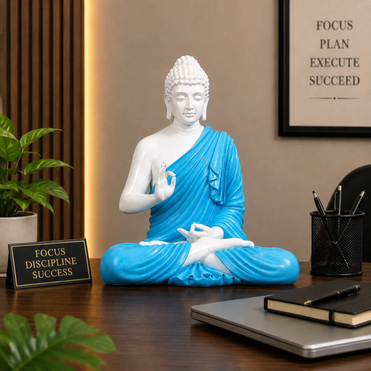 Modern white and blue Buddha statue placed on an office desk for peaceful workspace decoration.