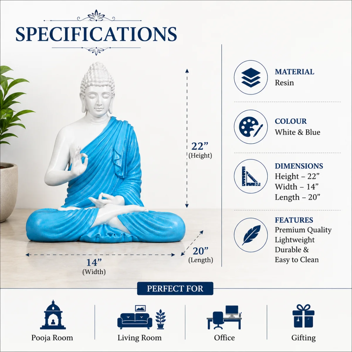 Specifications image of white and blue Buddha statue showing resin material and dimensions.