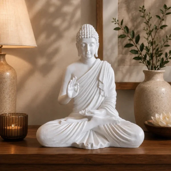 White resin Buddha statue placed on an office desk for peaceful office decor and meditation ambiance.