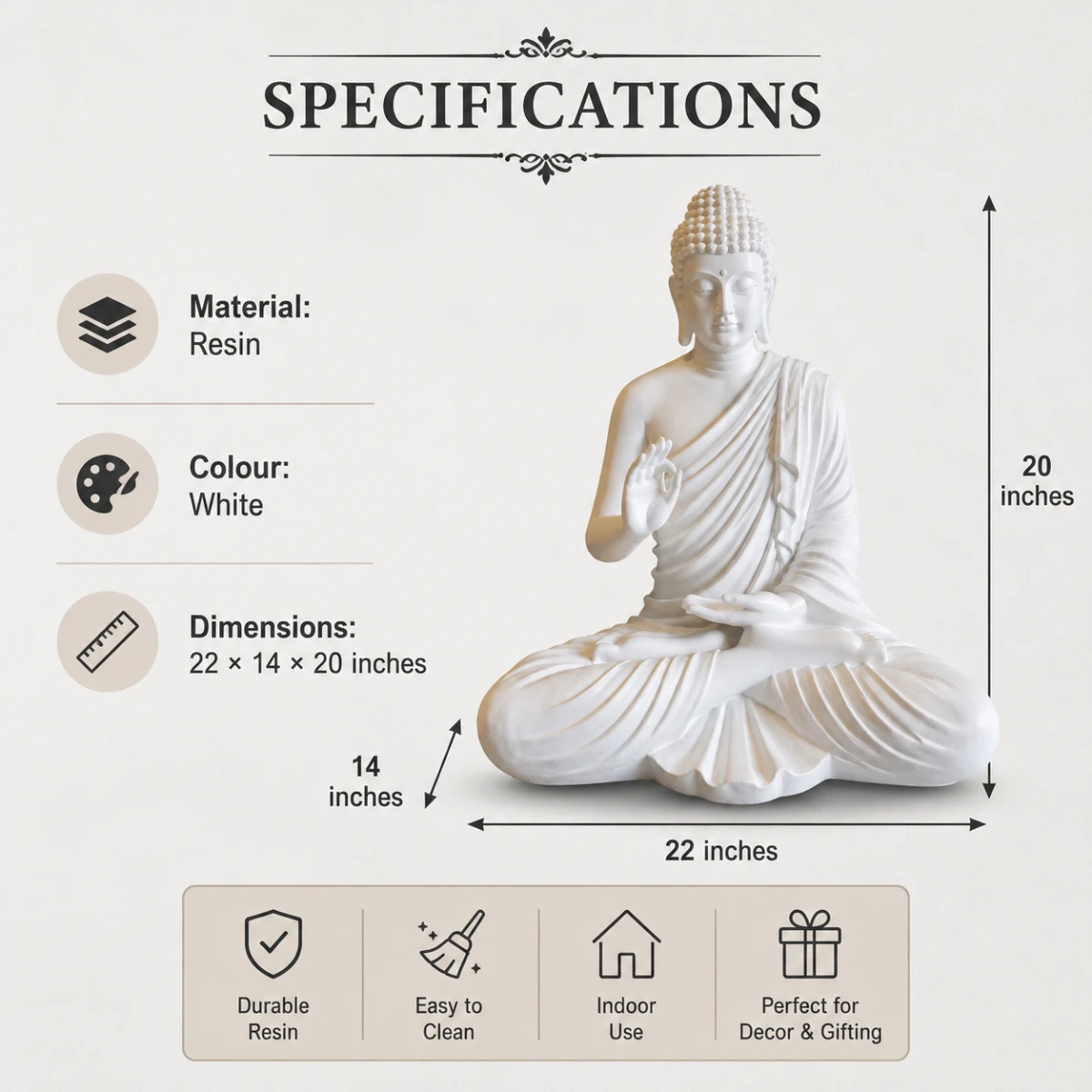 Specification infographic of white resin Buddha statue showing material, colour, and dimensions details.