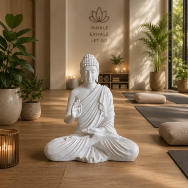 White Buddha statue placed inside a peaceful yoga and meditation studio surrounded by plants and candles.