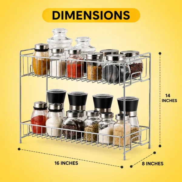 Spacious stainless steel spice rack with dimensions for organized kitchen storage.