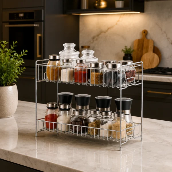 Premium stainless steel 2-tier spice rack organizer displayed on a modern kitchen countertop.