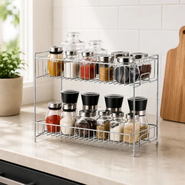 Elegant metal spice rack stand with storage jars in a bright kitchen.