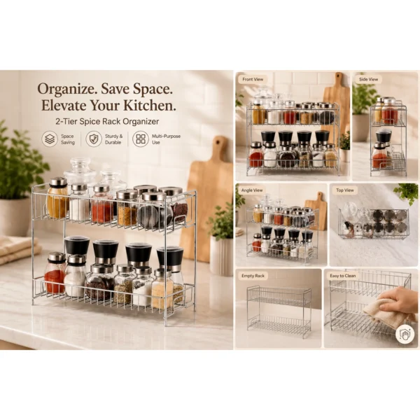 Versatile 2-tier spice rack organizer showing front, side, top, and angle views.