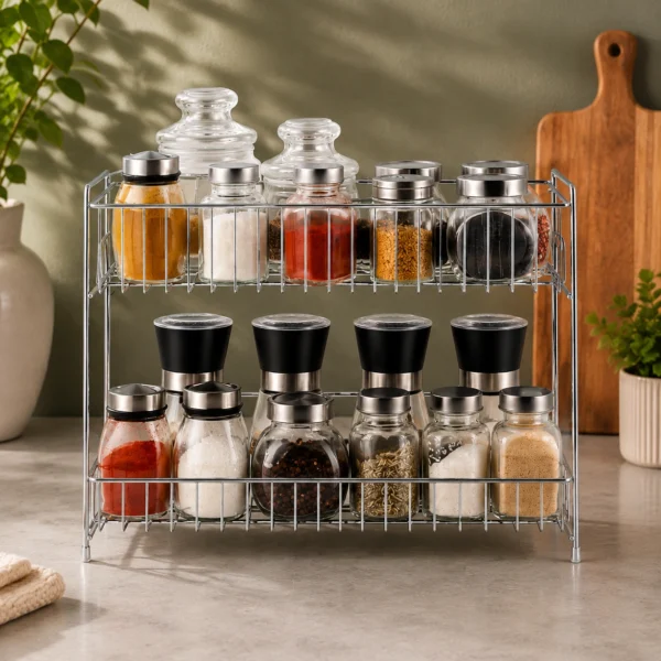 Heavy-duty stainless steel spice organizer rack with multiple seasoning containers.