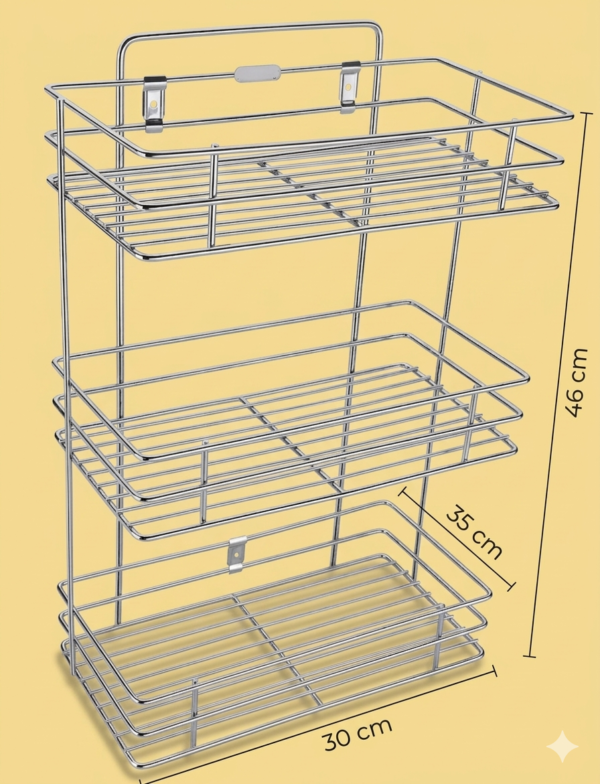 Strong 3-tier wall storage rack with dimensions shown for easy installation.