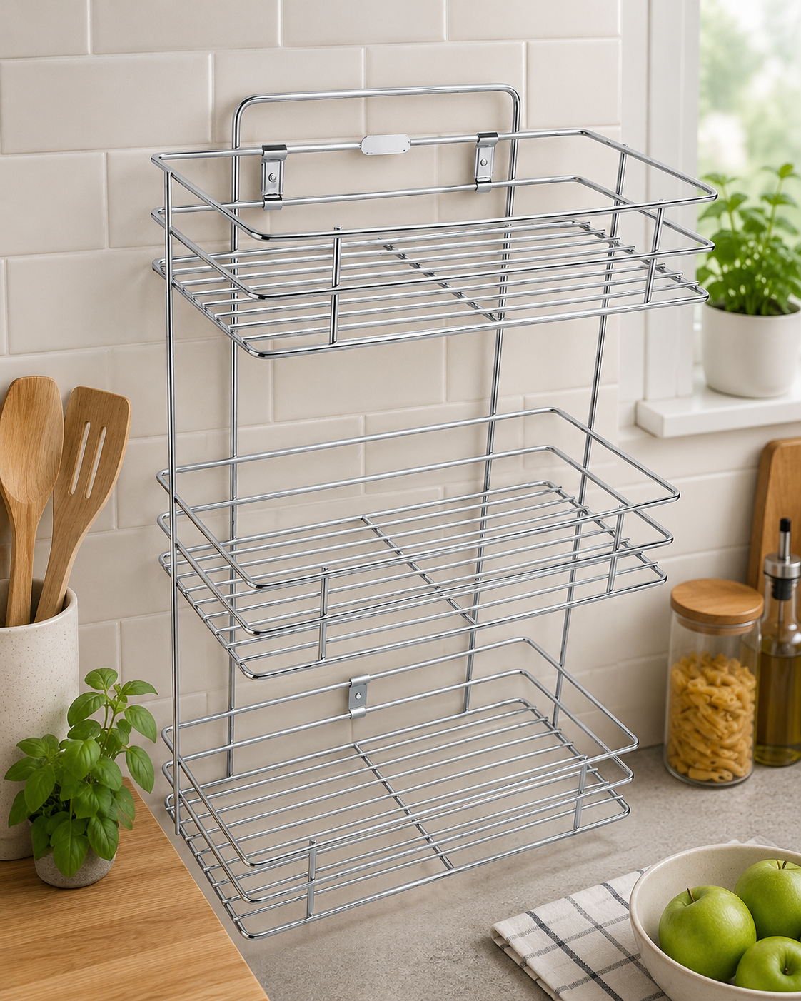 Premium kitchen wall organizer rack providing convenient storage for jars and essentials.