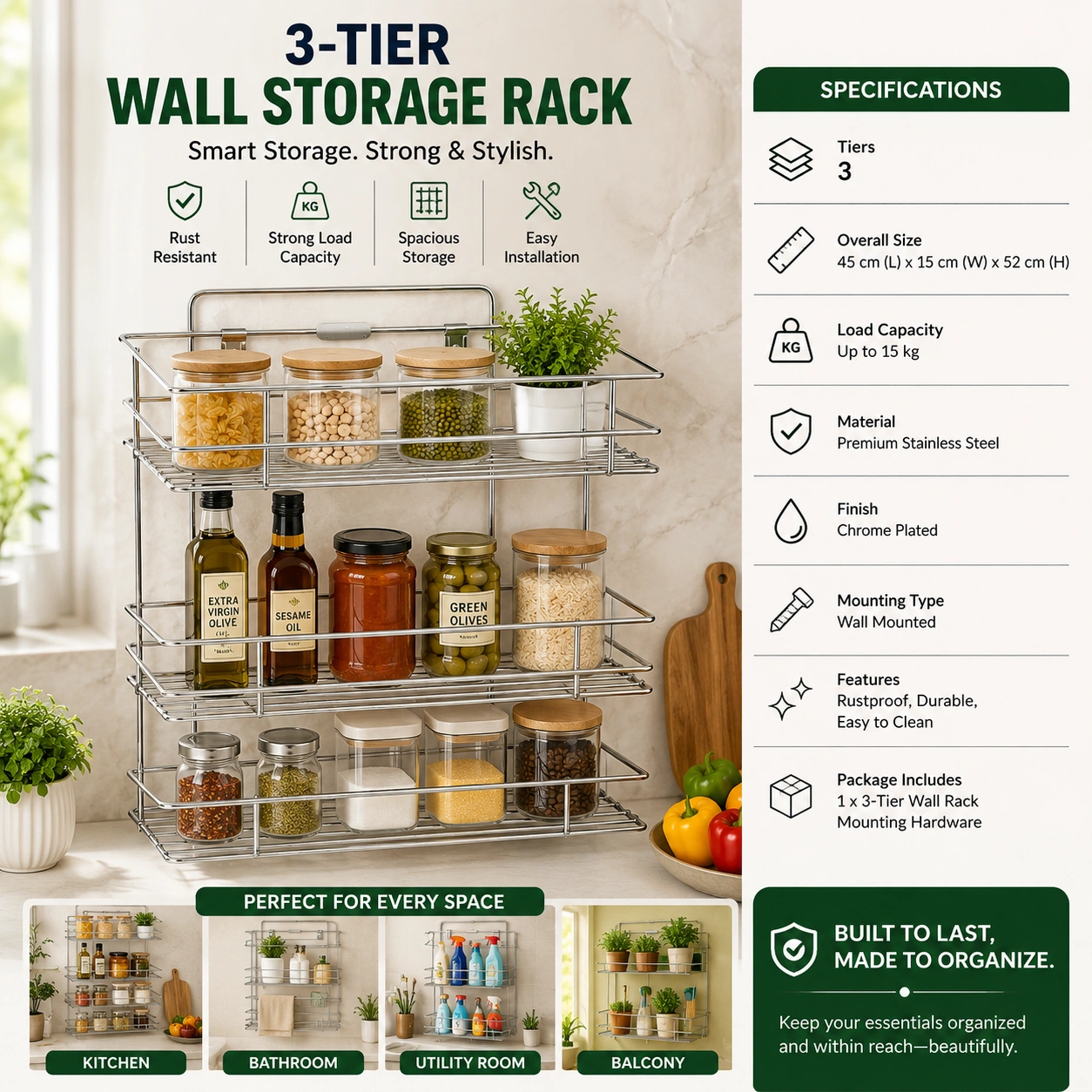 Heavy-duty 3-tier wall storage rack featuring rustproof stainless steel construction and high capacity.