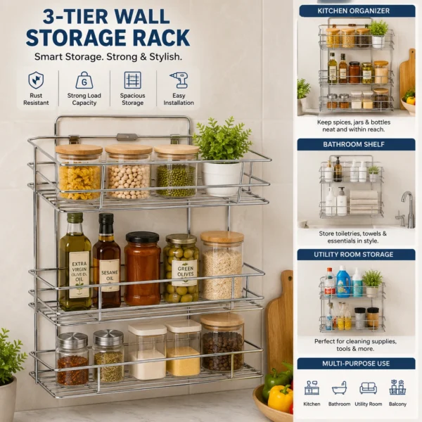 Premium 3-tier wall storage rack organizing kitchen, bathroom, utility room, and balcony essentials.