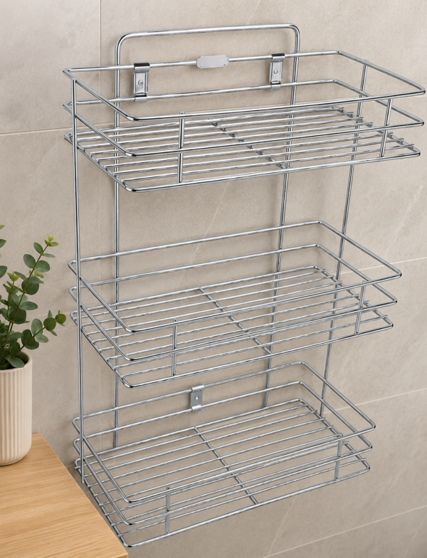 Durable stainless steel 3-tier wall rack with spacious shelves and sleek finish.