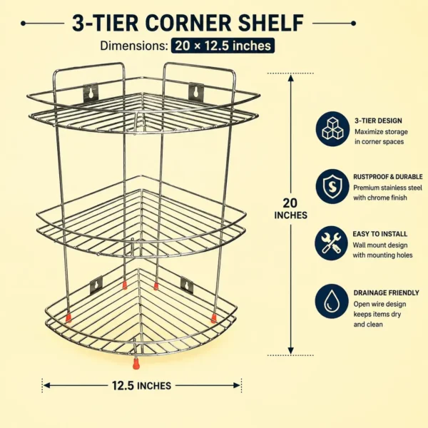 Durable 3-tier corner shelf with dimensions and wall-mount design for compact storage.