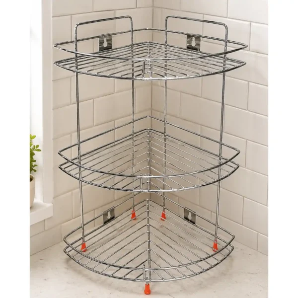 Elegant stainless steel 3-tier corner organizer rack for modern kitchen and bathroom use.