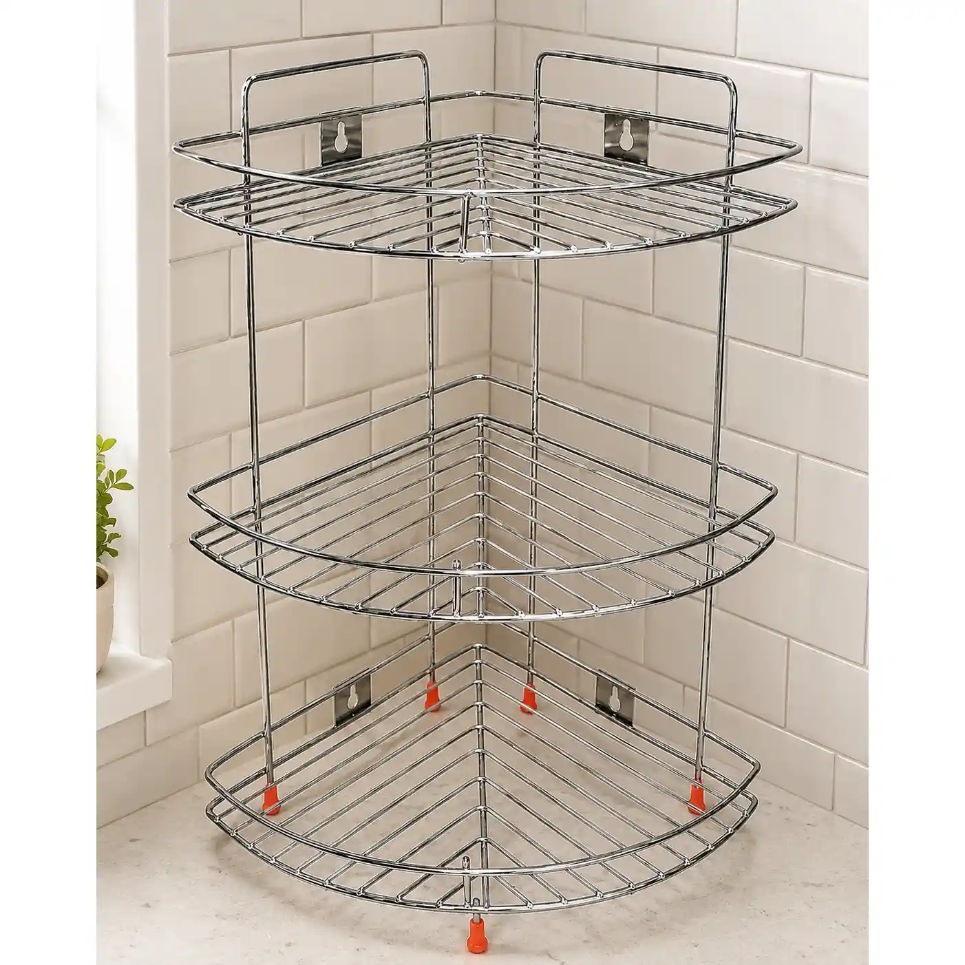 Elegant stainless steel 3-tier corner organizer rack for modern kitchen and bathroom use.