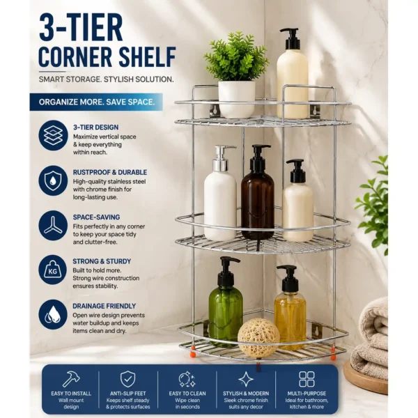 Premium chrome-finished 3-tier corner shelf showcasing storage capacity and key features.