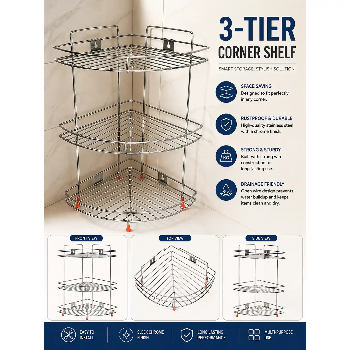 Heavy-duty 3-tier corner rack with front, top, and side views displayed.