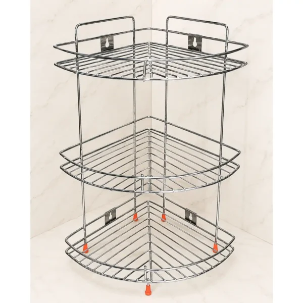 Premium 3-tier stainless steel corner shelf with rustproof chrome finish for bathroom storage.