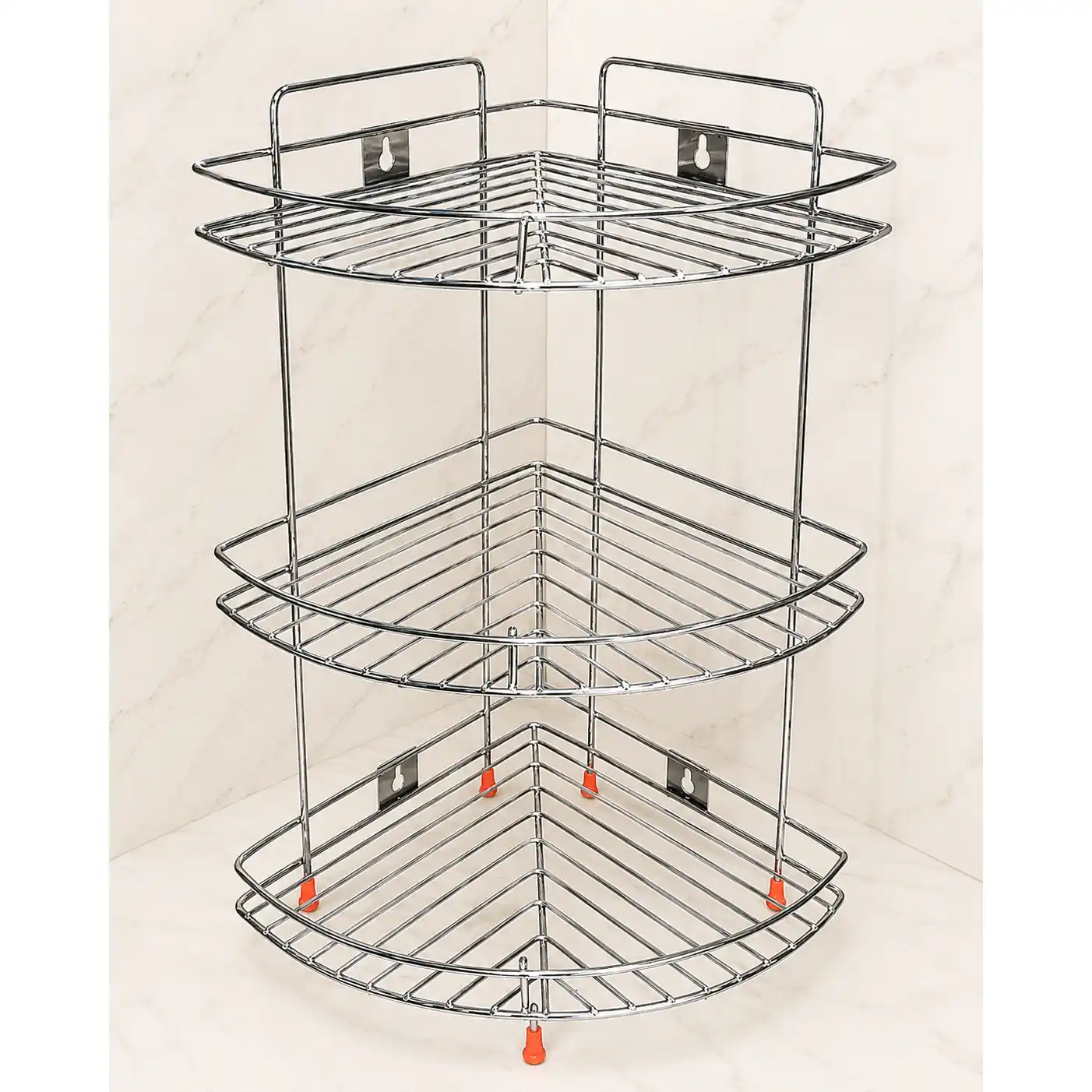 Premium 3-tier stainless steel corner shelf with rustproof chrome finish for bathroom storage.